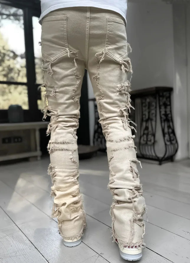 2026 New Men's Denim Straight-Leg Pants, European and American Street Fashion Ins Stretch Patch Denim Straight-Leg Pants