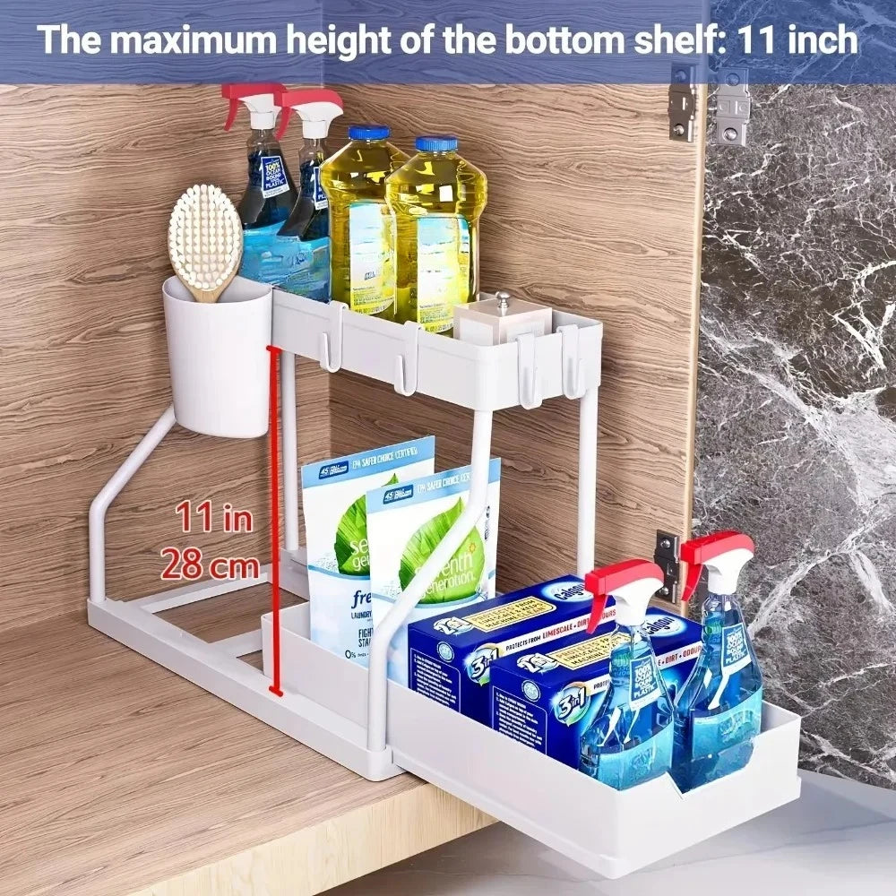 2 Tier Slide Out Under Sink Organizer with Hooks Large Capacity Space Saving Storage Rack for Kitchen Bathroom Cabinet Durable