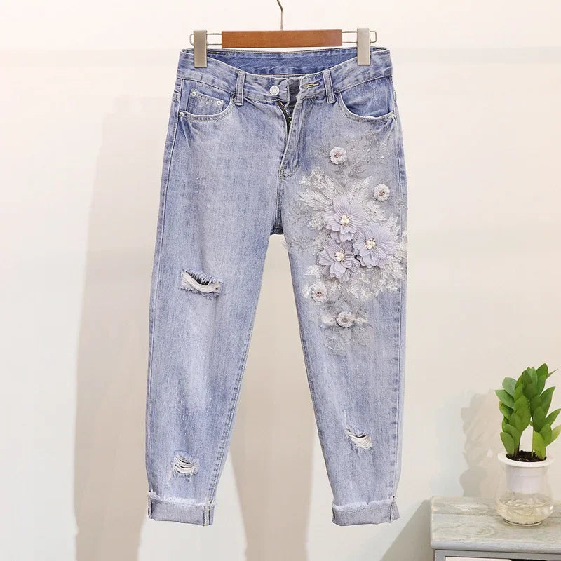 Two-Piece Suit 2025 Summer New Women Denim Pants Beading Embroidery Tshirt Tops+ High Waist Hole Jeans Female Casual Outfits