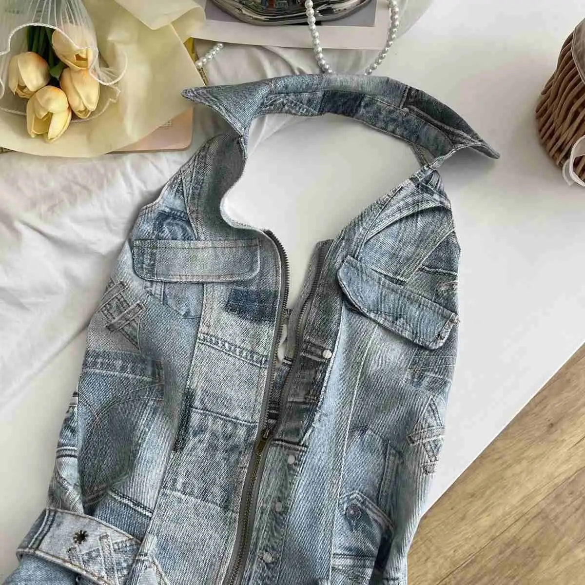American Denim Waist-cinching Halter Neck Backless Sexy Casual Dress for Women, Distressed Retro Spliced Short Skirt
