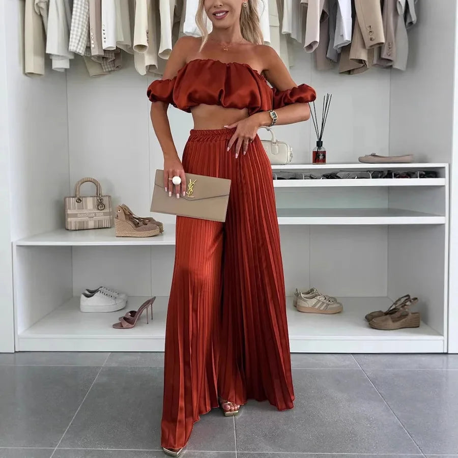 2026 Summer Women Sets Sexy Off-shoulder Sleeveless Short Tops+ Wide Leg Pants 2 Piece Sets Fashion Party Casual Trousers Outfit
