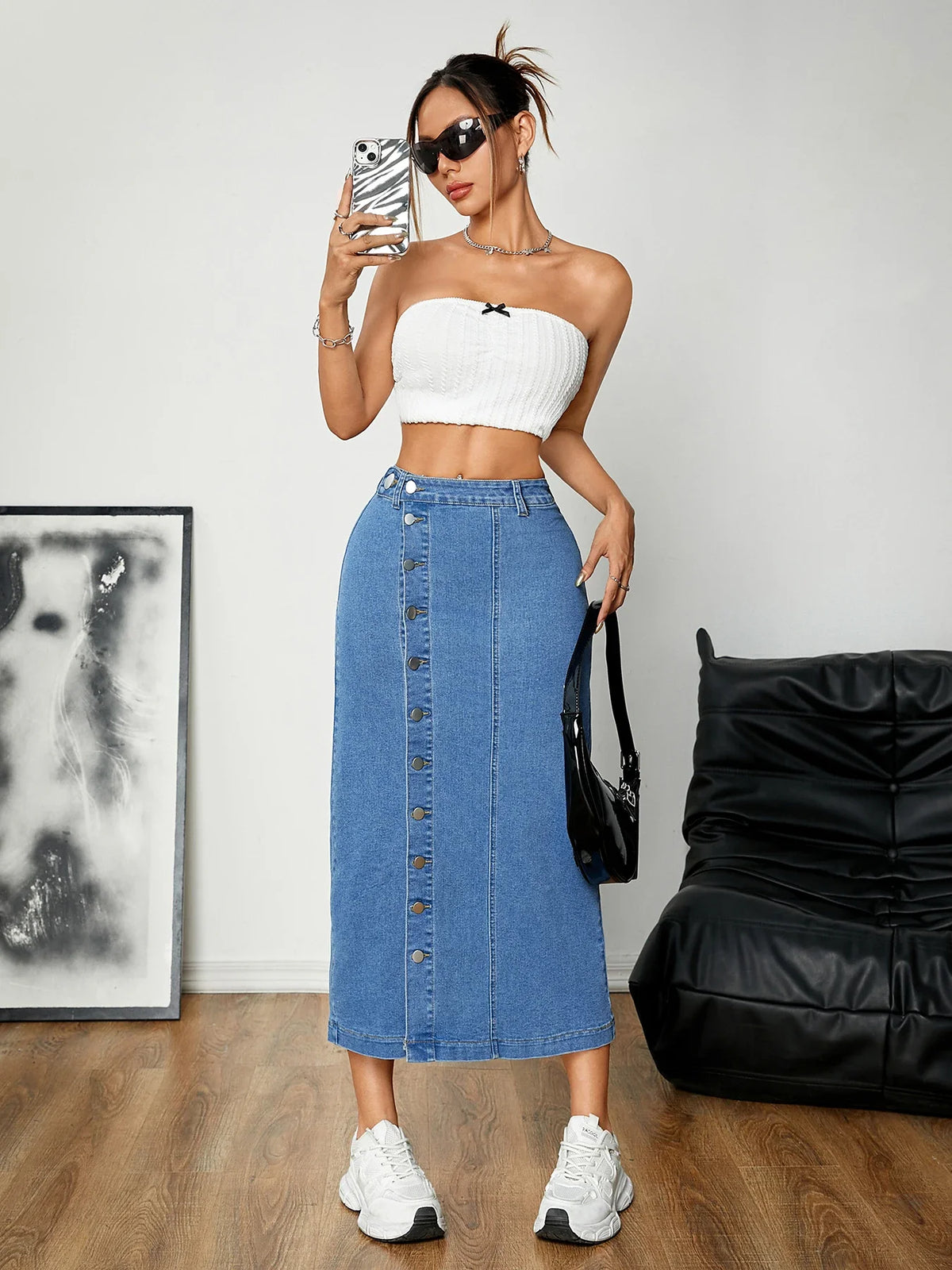 Women's Straight Cut Denim Skirt with Button Details Versatile Buckle Style Elastic Comfortable Mid-Length Casual Skirt