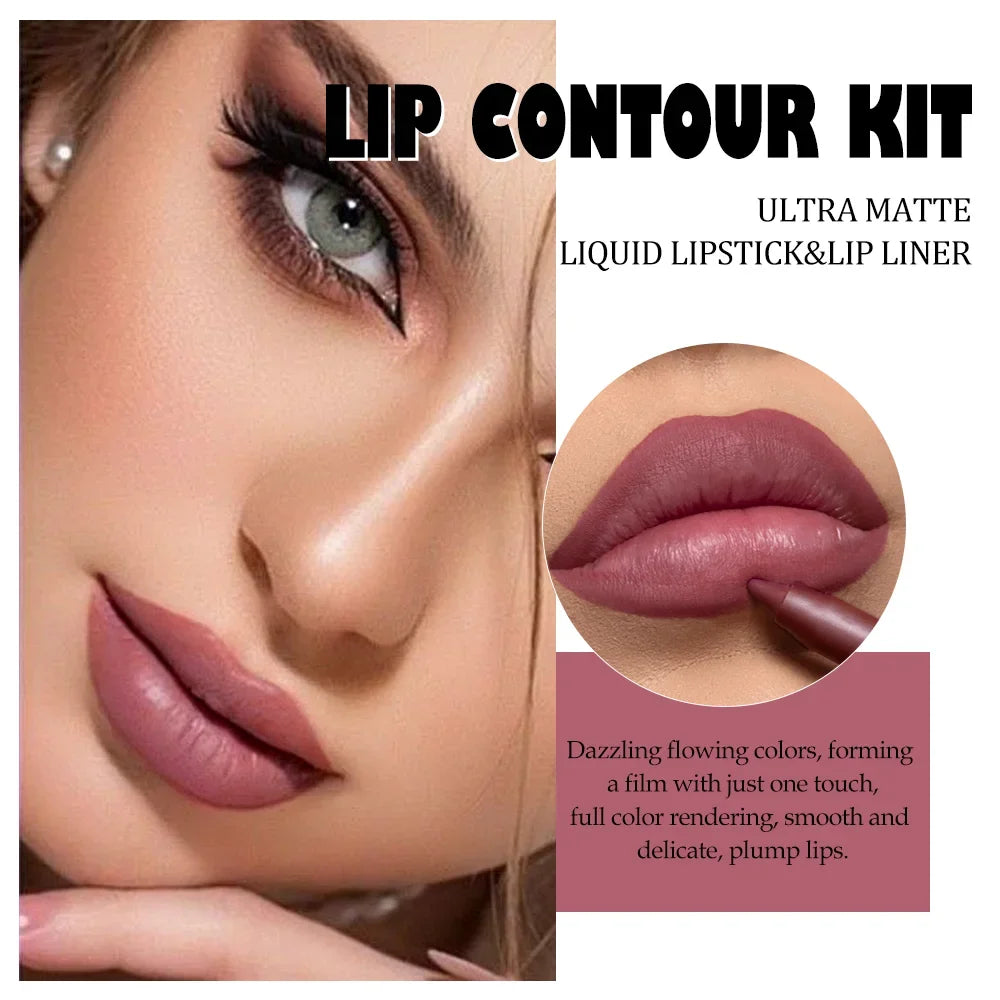 2-Piece Matte Lip Gloss & Lip Liner Set, Long-Lasting Cup-Shaped Formula Glides On Smoothly, Perfect For Everyday Makeup Looks.