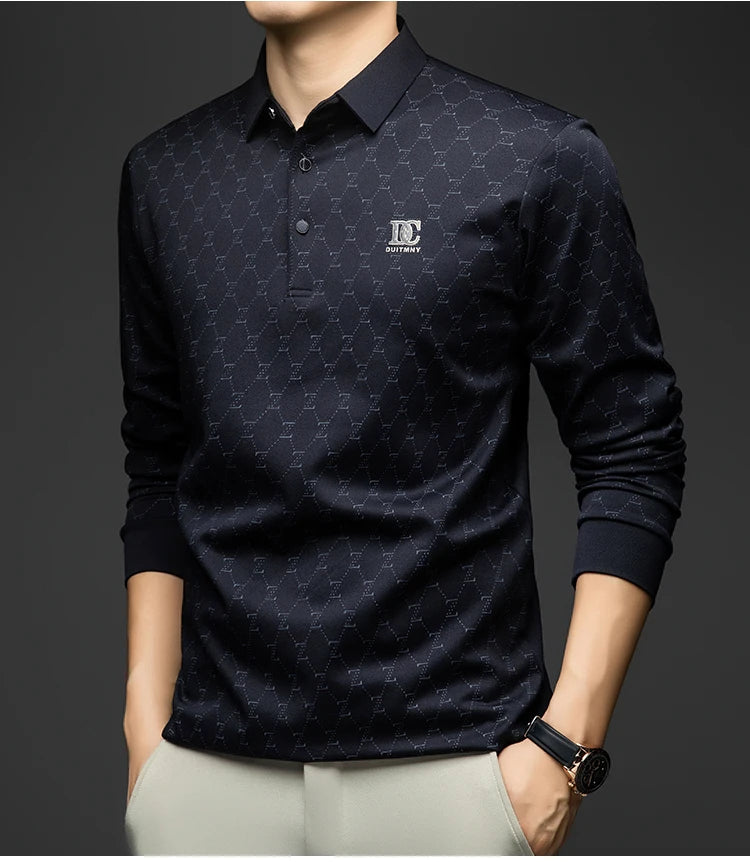 BROWON 2026 Spring Autumn Elegant Polo Shirts for Men Long Sleeve Lapel Color Printed Soft Comfortable Males Tops and Tees