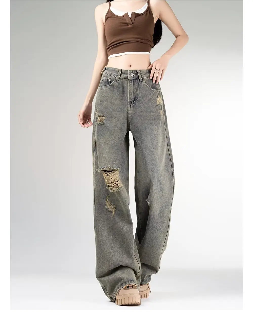 Women's Vintage Distressed Jeans High Waist Wide Leg Straight Denim Pants Loose Fit Summer Trousers 2025