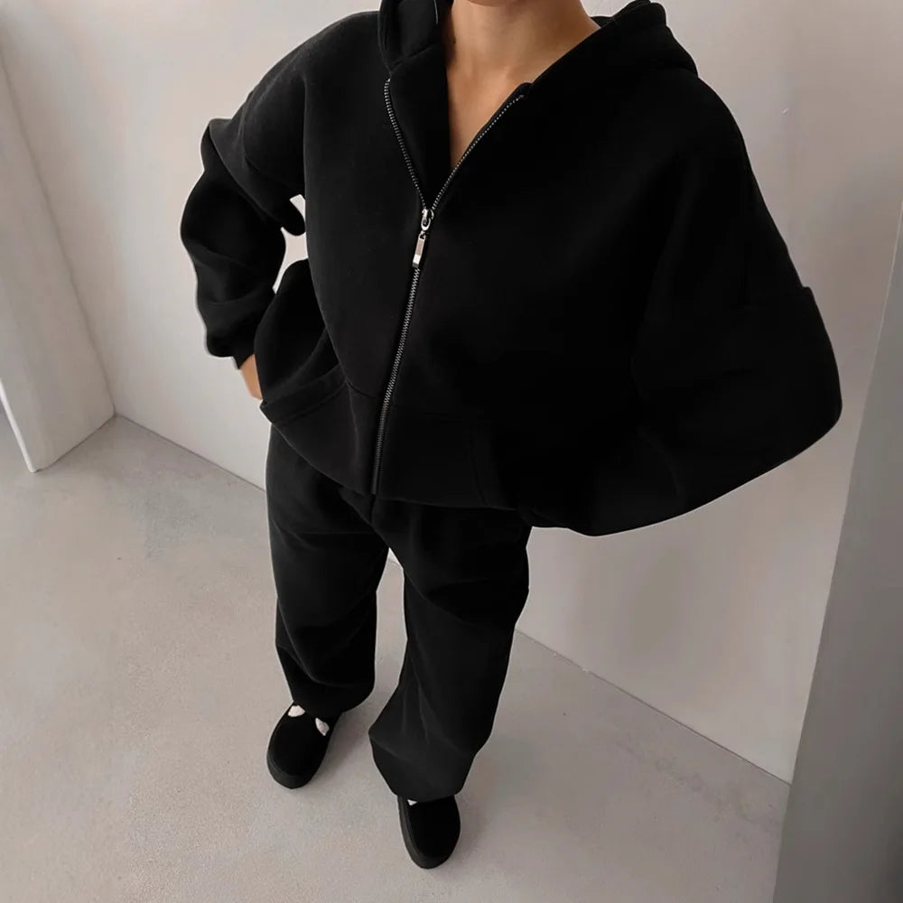 Women's Casual Suit Solid Color Long Sleeve Hooded Cardigan Pocket Sweater Elastic Pants Two-piece Set