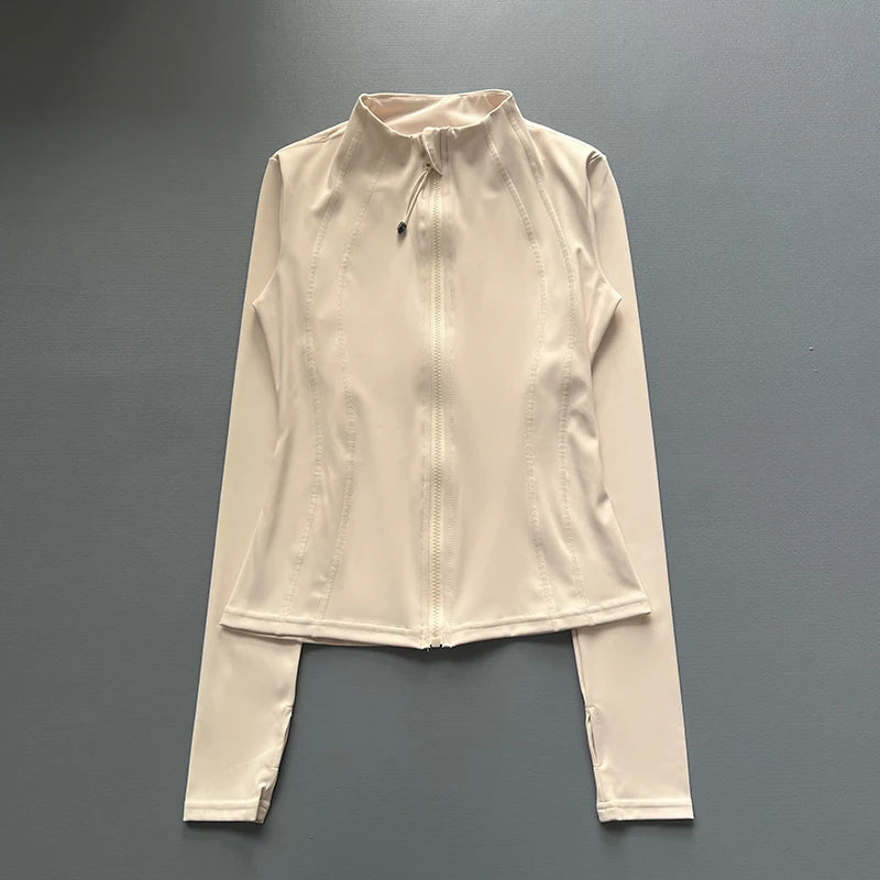 Windproof Fitted Yoga Jacket for Women-Thickened Stand Collar Long Sleeve Cardigan for Running Gym/Fall Cycling with Quick-Dry