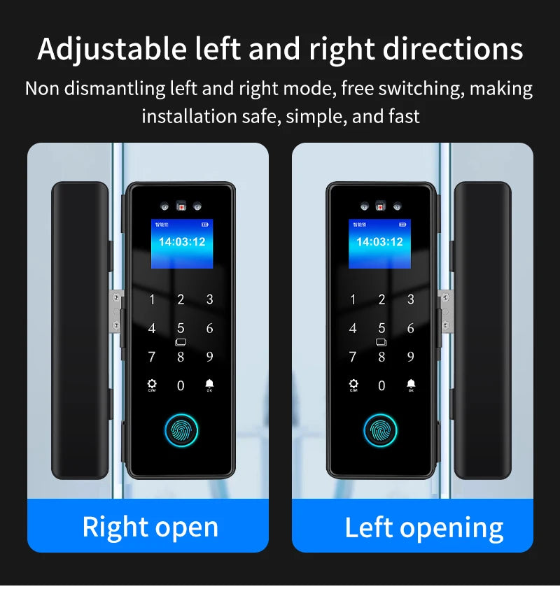 3D Face Tuya Wifi Electronic Smart Glass Door Lock With Biometric Fingerprint/RFID Card /Password Unlock/USB Emergency Charge