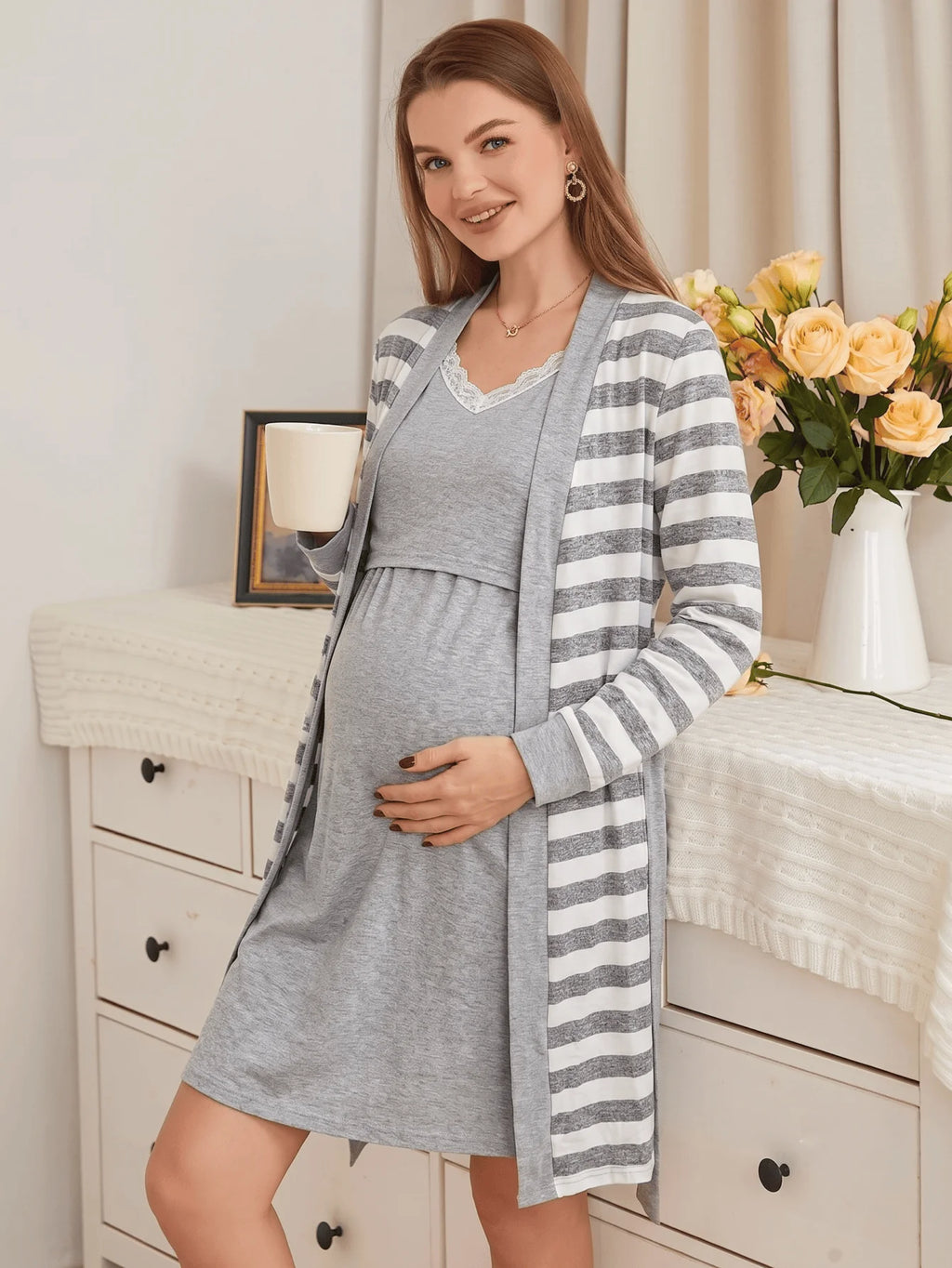 2-piece set, pregnant women, nursing long-sleeved pajamas set, autumn and winter loungewear, nursing nightgown, maternity clothes.