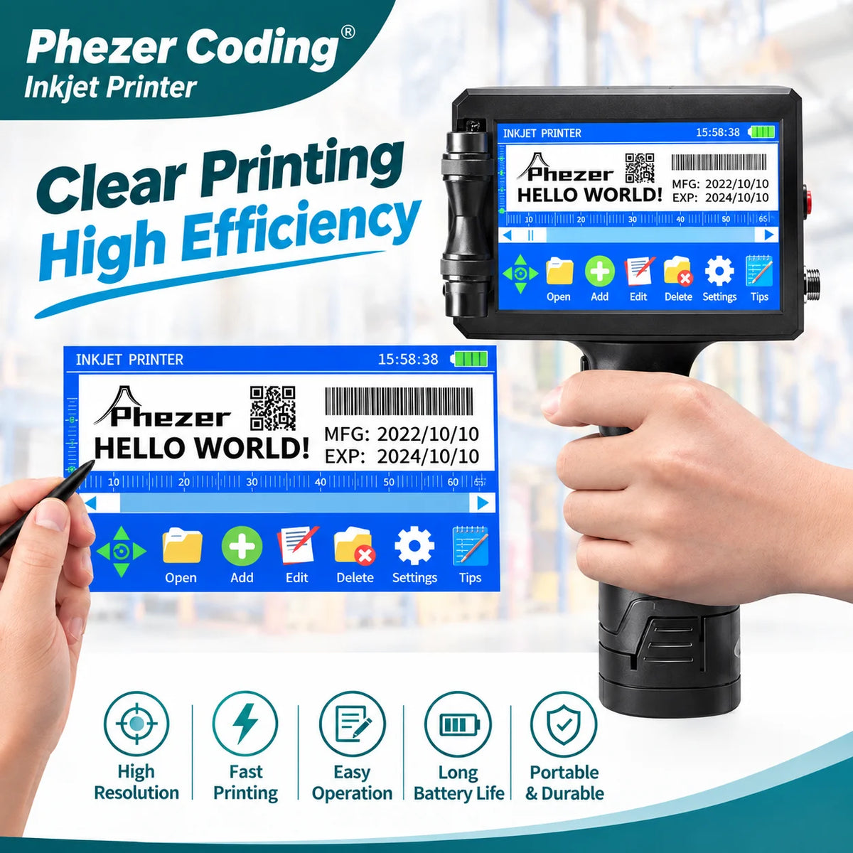 Phezer P15 Handheld Inkjet Printer 12.7mm QR Code Barcode Batch Code Date Number Logo Expiry Date Label Printer 28 Languages