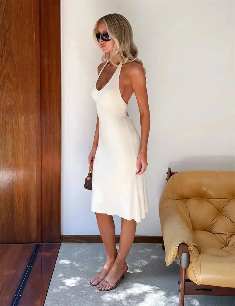 Mozision Women Halter Deep V Neck Midi Dress Sleeveless Backless Bodycon Ruffle Hem Long Dress Elegant Club Party Evening Dress