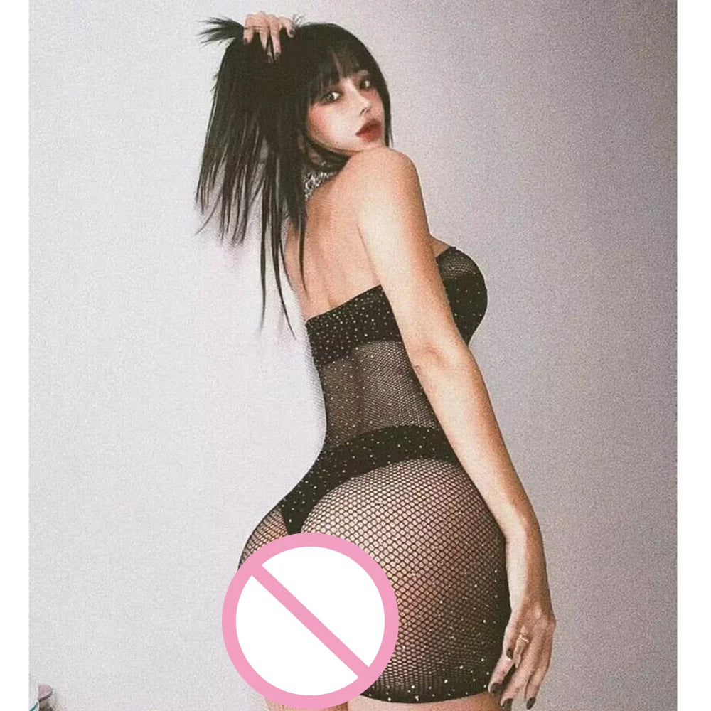 Strapless Women Sexy Dress Lace Lingerie Teddy Mesh Babydoll Nightgown Mini Dresses Hollowed Diamonds Sex Dresses Outfits
