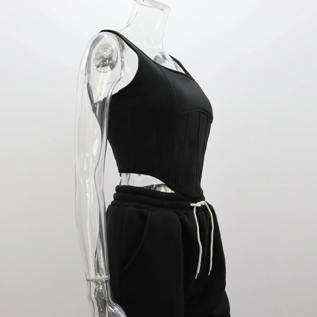 Women's Casual Sweatpants Set Belted Hooded Short Hoodie Corset Three-Piece Autumn Winter Comfortable Polyester Plus Size