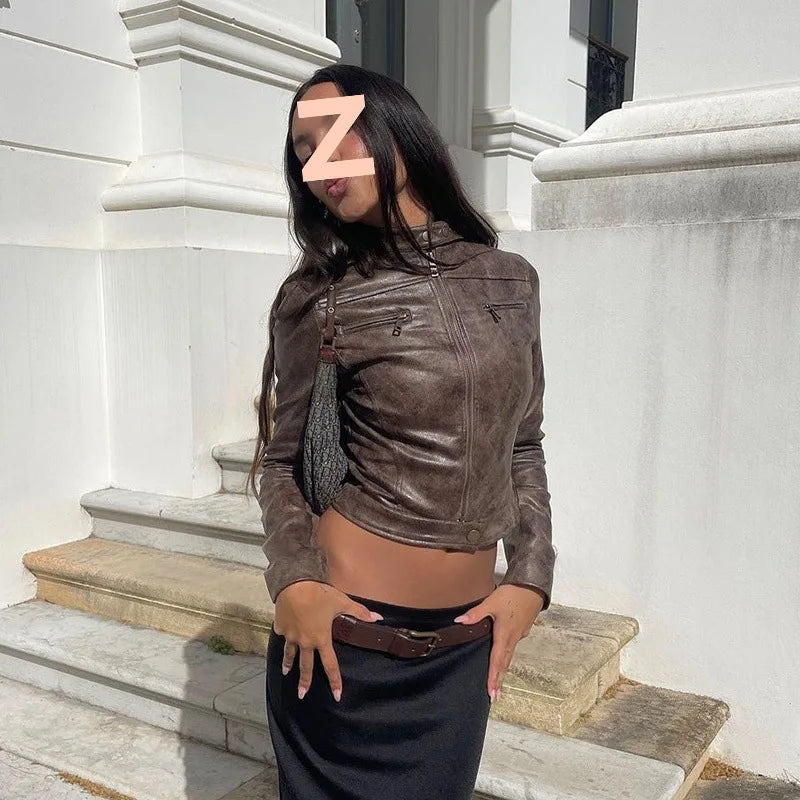 American Y2K Retro Distressed Brown Short Jacket 2026 Spring New Hot Girl Versatile Stand Collar PU Leather Jacket
