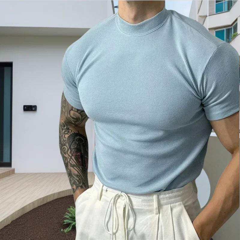 Spring Summer Elastic Comfortable Men's T-Shirt Small High Collar Stripe Shirt Short Sleeve Fitness tops Sports Casual T-Shirt