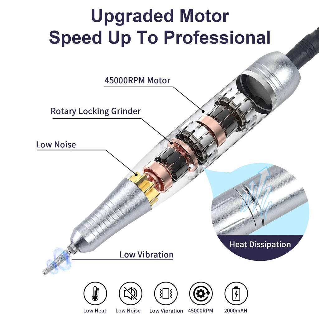 Professional Nail Drill Machine Set 45000RPM Rechargeable Portable Electric Nail File for Manicure Acrylic Gel Nails Salon Tools