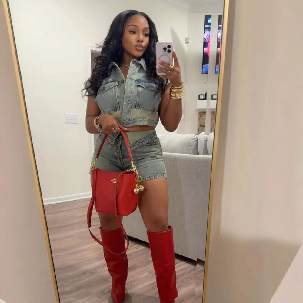 Shorts Sets Women Denim 2 Piece Suit Top Jeans Ensemble Summer 2025 Single Breasted Turn Down Collar Short Pants Vintage Outfits