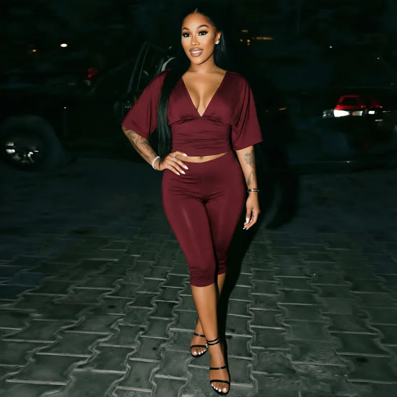 Fashion 2 Piece Set Women Y2k Solid V-Neck Cincher Top and Capri Pants Suits New 2026 Going Out Matching Outfits Two Piece Sets
