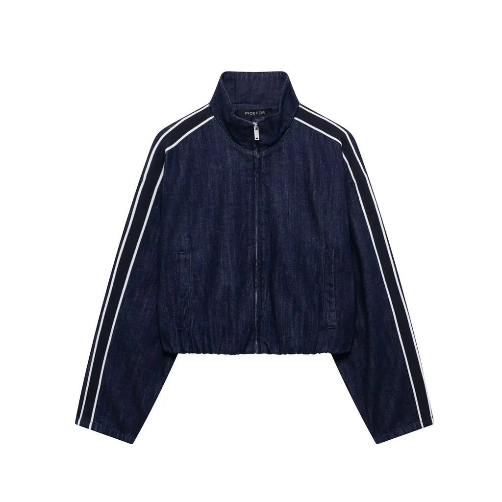 KONDALA Women High Street Denim Set Spring Fall Trendy Side Stripe Stand Collar Zipper Jacket Lace-up Pant 2026 Casual Pants Set