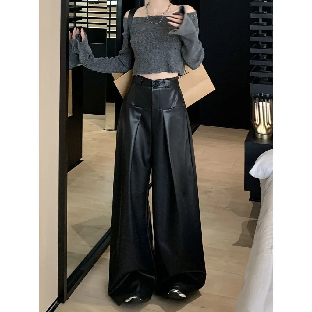 2025 New Loose Slimming Pleated Striped Casual Wide Leg Pants for Women's Autumn Street PU Leather Pants Female Clothing