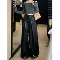 2025 New Loose Slimming Pleated Striped Casual Wide Leg Pants for Women's Autumn Street PU Leather Pants Female Clothing