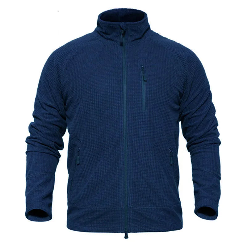 Men's Tactical Grid Fleece Jacket Full Zip Stand Collar Warm Windproof Outdoor Hiking Fishing Fleece Coat Base Layer