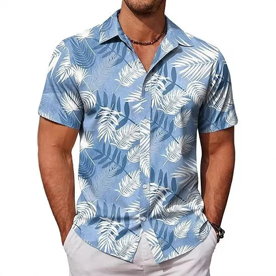 Minimally Designed Hawaiian Tropical Plant Printed Men's Quick Drying Shirt, Summer Beach Shirt