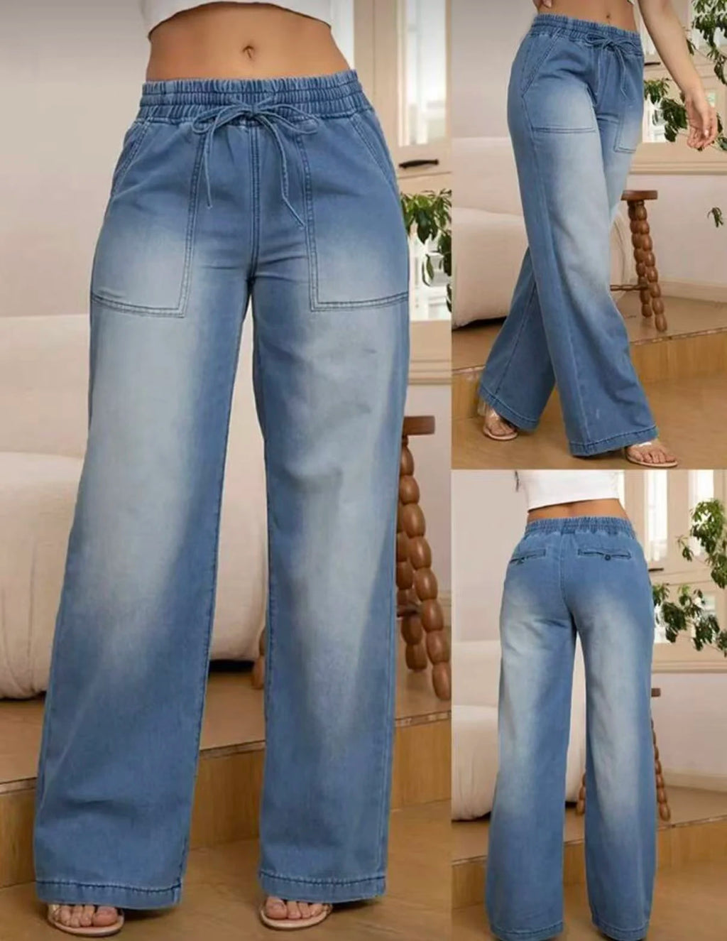 Elastic Waistband Drawstring Jeans with Pocket Elastic