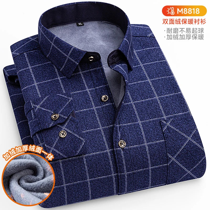 Winter Warm Shirts For Men Regular Fit Thicker Velvet Top Blouse Asia Plus Size Big Plaid Casual Clothing Long Sleeves Shirts