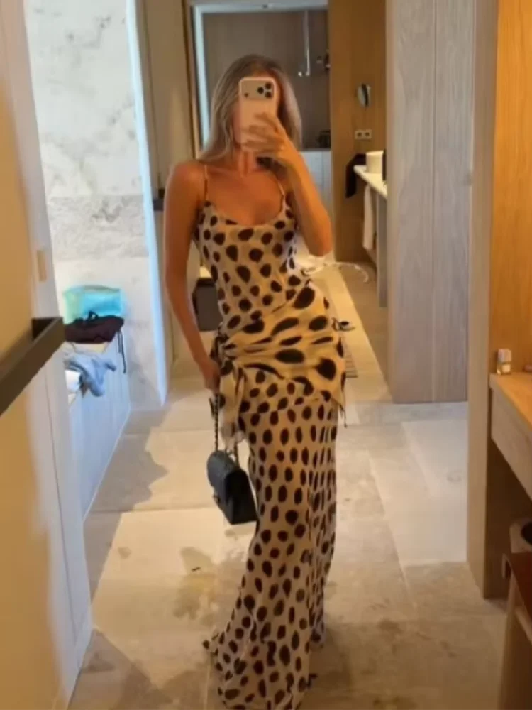 Trendy Slip Dress Animal Print V-neck Ruched Drawstring Sexy Maxi Women Dresses Beach Vacation Stylish Retro Summer Party Outfit
