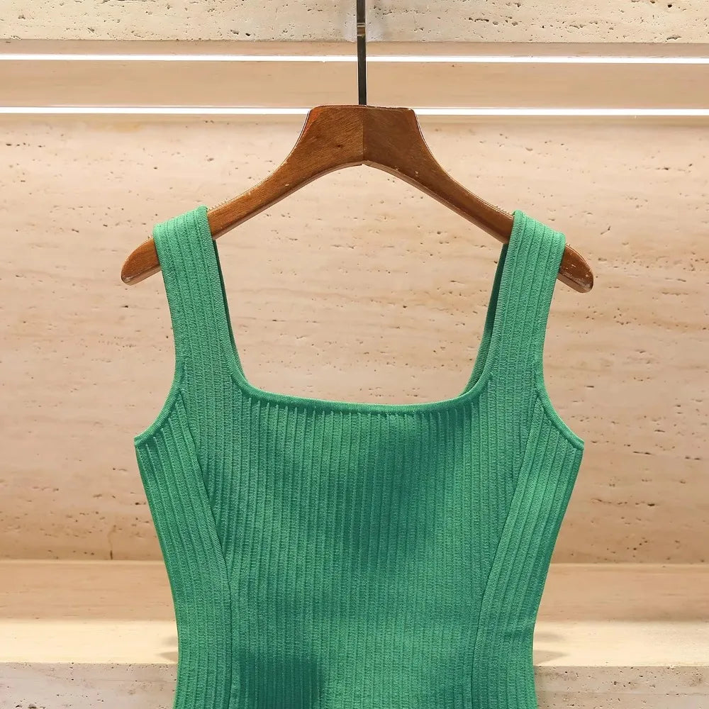 2026 Summer New Women's Square Neck High Waist Suspender Dress, Fashionable Casual Vacation Style, Waist Pockets, A-line Skirt