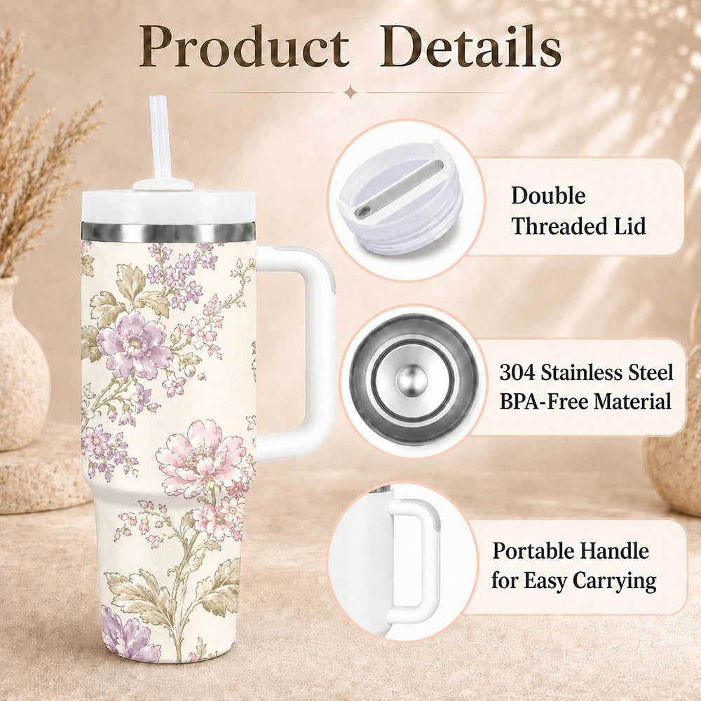 Floral Seamless Patterns Vacuum Flasks 40oz Stainless Steel Insulated Tumbler With Handle & Straw Leakproof Travel Mug