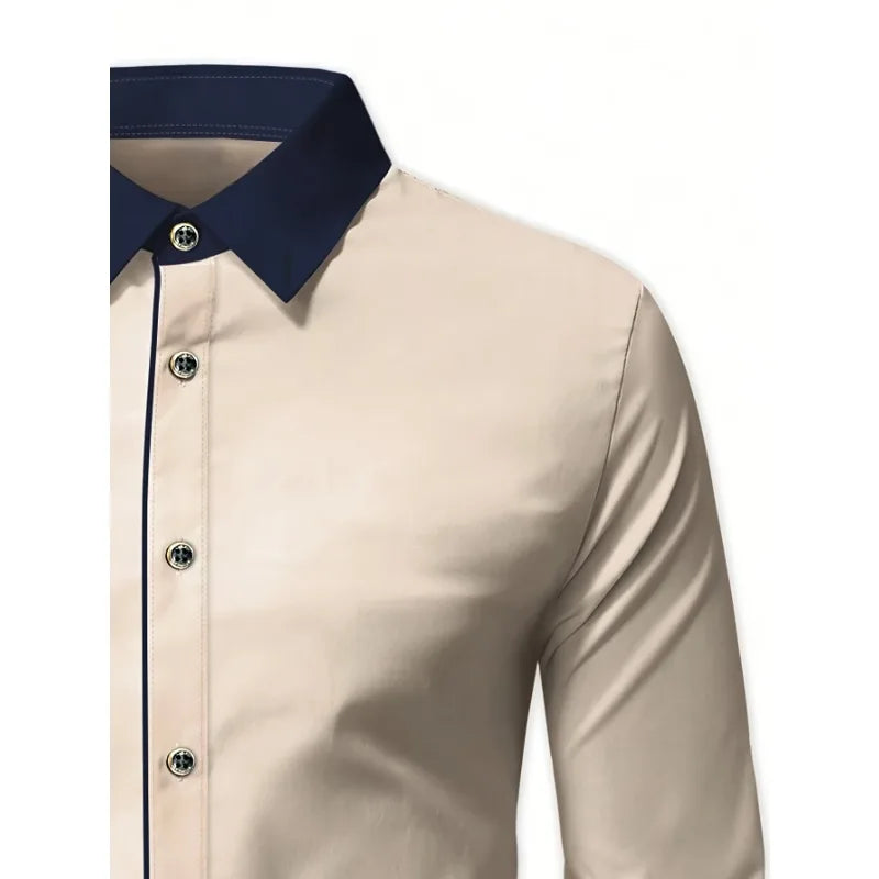 2025 FGKKS Men's Shirt Fashion New Arrival Patchwork Khaki Long Sleeve Smart Casual Elastic Quality Brand Male Business Shirt