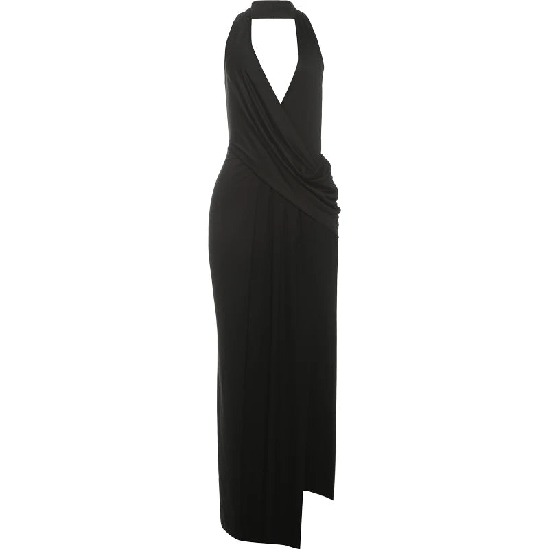 Sisterlinda Sexy High Splits Long Dress Women Halter Deep V-Neck Backless Sleeveless Summer Pool Party Ruched Elegant Vestidos