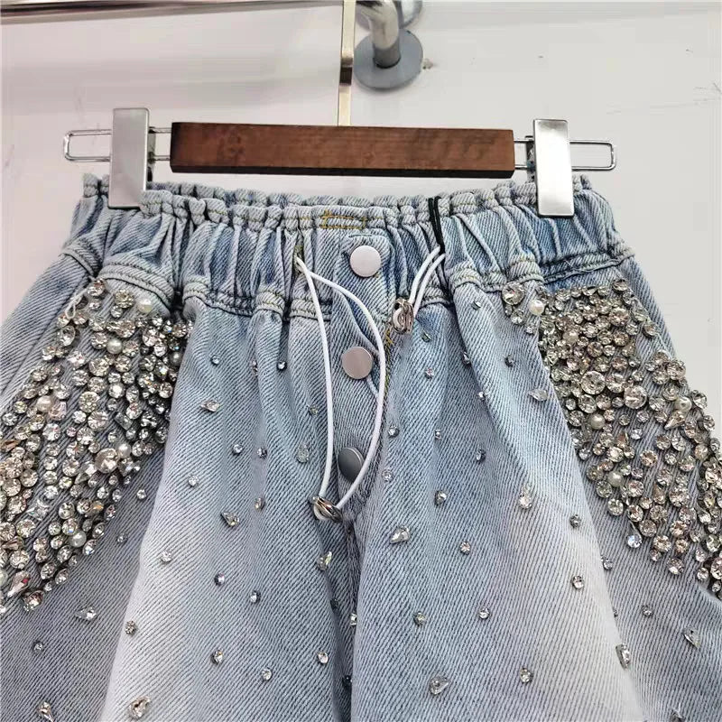 Shorts Women Jeans Straight Denims Sexy Diamonds Vintage Washed Distressed High Waist Button Summer Streetwear Short Pants