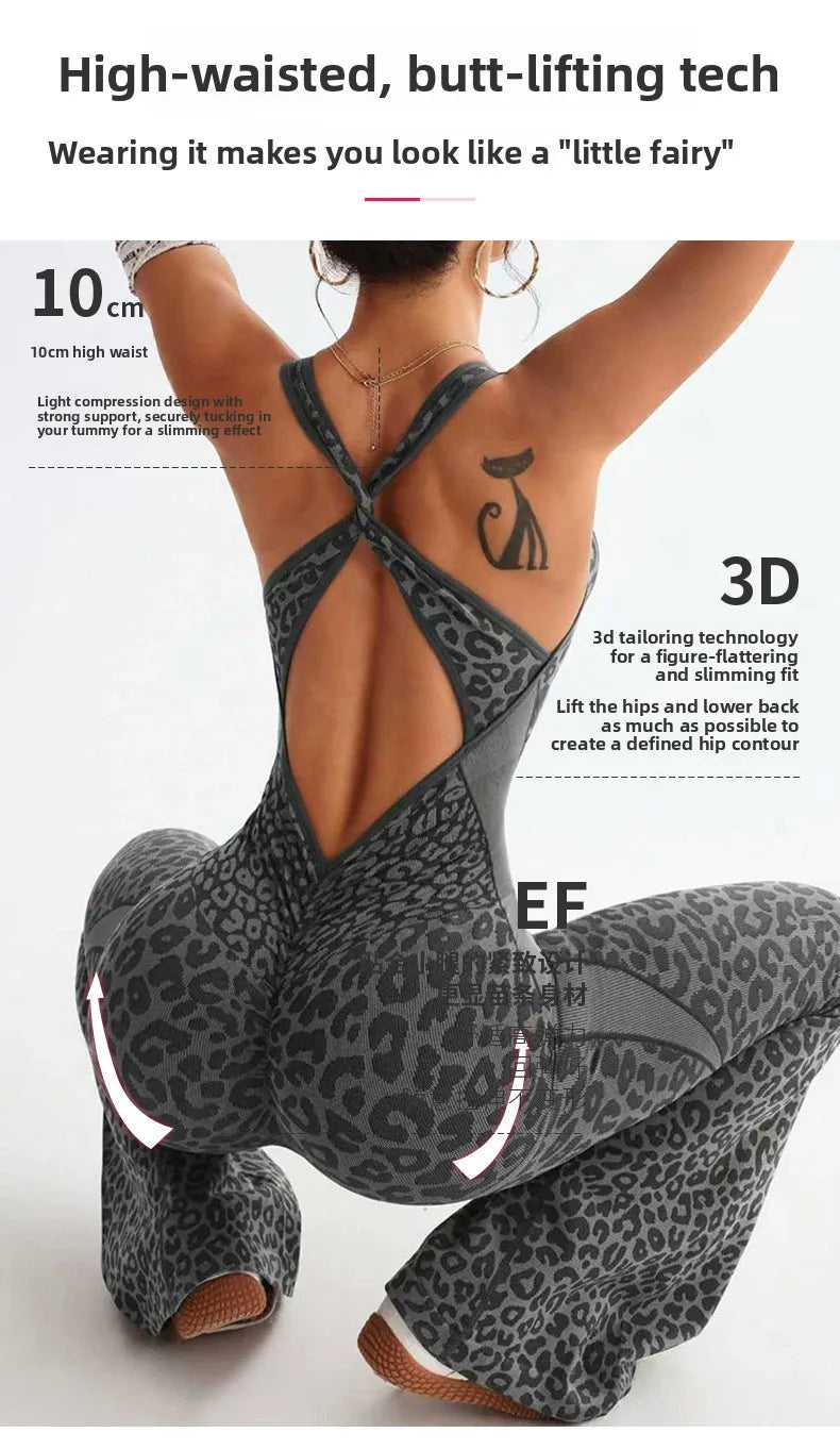 New Leopard Print Bodysuit Women Seamless Flared Pants Jumpsuits Sexy One-piece Fitness Suit Cross Back Stretchy Yoga Jumpsuits