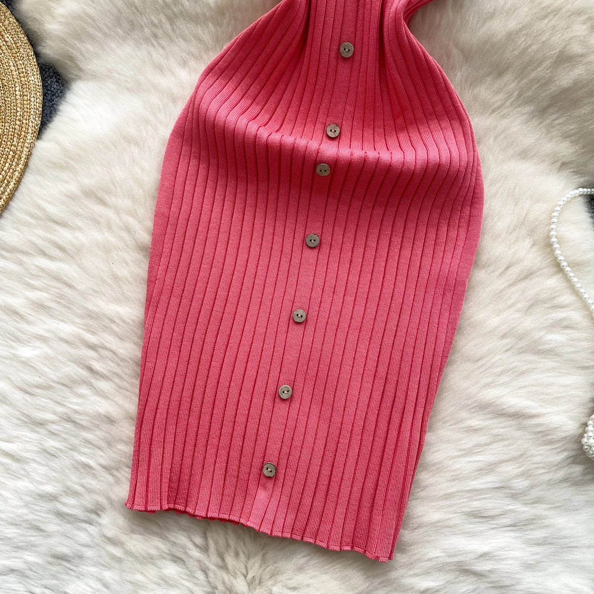 2025 New Pink Solid Button Front Spaghetti Dress Sexy Knit Slash Neck Mini Dress Bodycon Women's Clothing Outfits Ruffles