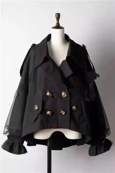 EAM Japanese Style Turn-Down Collar Double Breasted High-Low Hem Cropped Trench Coat Women's Jacket 2026 Autumn New