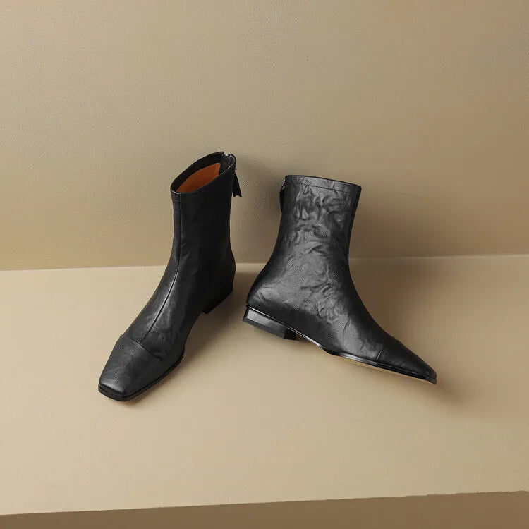 NEW Autumn/Winter Women Boots Square Toe Low Heel Shoes Genuine Leather Shoes for Women Concise Zipper Short Boots Modern Boots