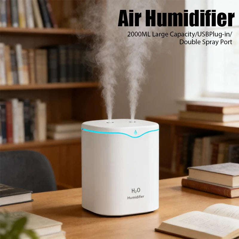 USB Air Humidifier 2L Large Capacity Double Spray Port Essential Oil Humificador Cool Mist Fogger Home Office Aroma Diffuser