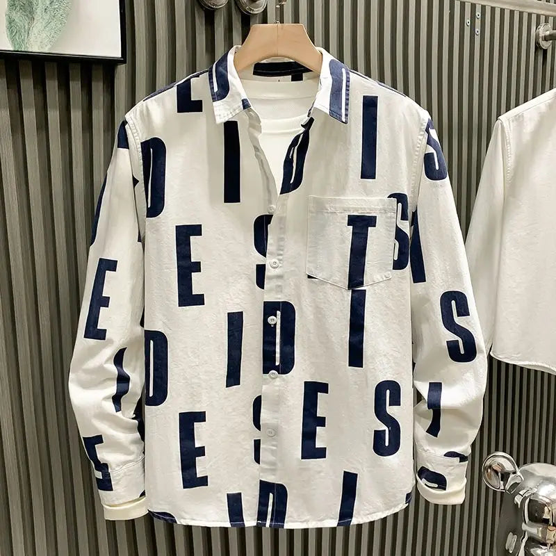 Men Clothing Spring Autumn Trendy Vintage Letter Print Lapel Shirt Simple Casual Long Sleeve Pocket Loose Tops Camisa Masculina