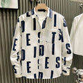 Men Clothing Spring Autumn Trendy Vintage Letter Print Lapel Shirt Simple Casual Long Sleeve Pocket Loose Tops Camisa Masculina