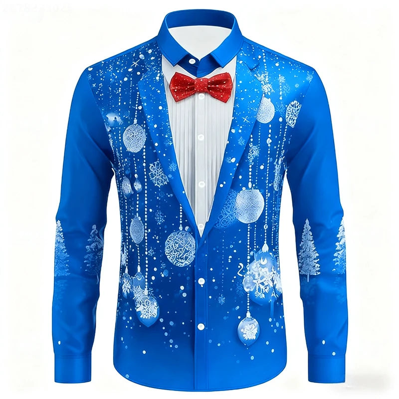 Red Christmas Shirts For Man Snowflake Bow Tie Christmas Shirt Long Sleeve Fashion Holiday Gift Shirt Oversized Mens Clothing