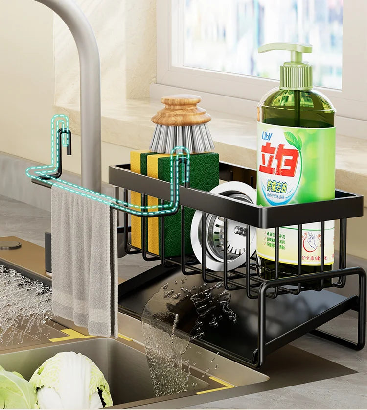 Kitchen Sink Drain Rack Organizer Stainless Steel Self Draining Sink Shelf Soap Sponge Holder Dishcloth Towel Rack Filter Basket