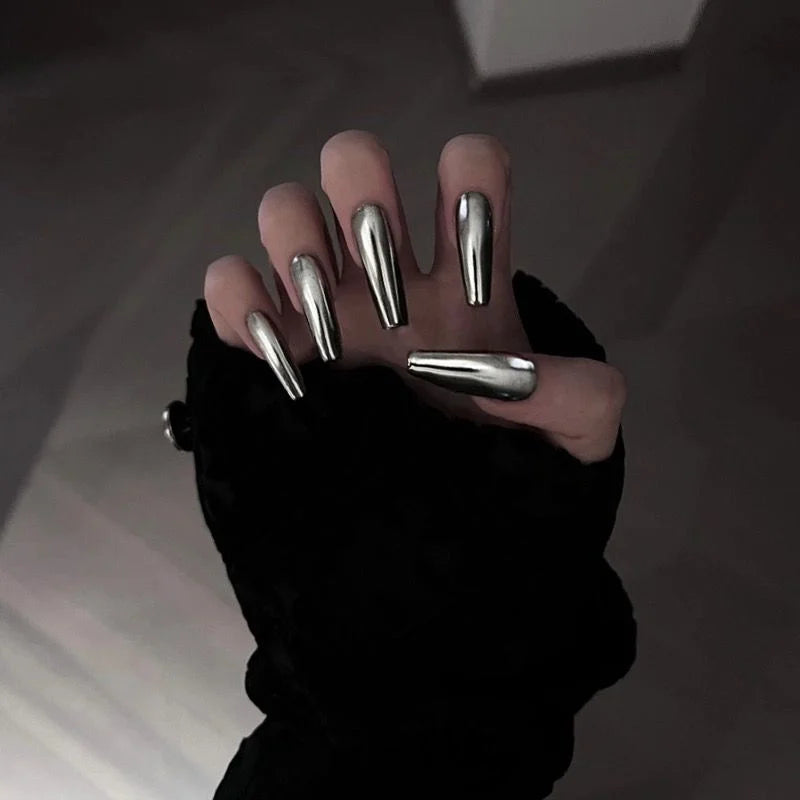 10PCS Metal Handmade Press on Nails Acrylic Magic Full Cover Fake Nails Reusable Adhesive Silver Artificial Cool Manicure Art