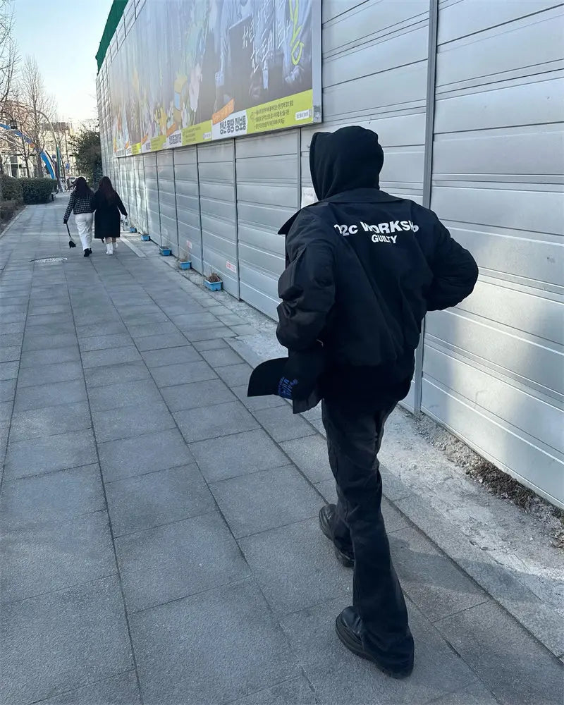 032C black silhouette short wide bomber zip multi pocket jacket
