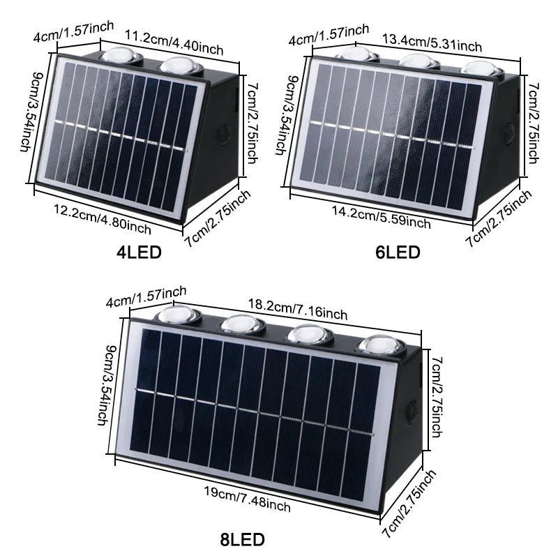 Outdoor Indoor Solar Wall Light 4/6/8 LED Waterproof IP65 Courtyard Balcony Corridor Bedroom Up and Down Lighting Fixtures