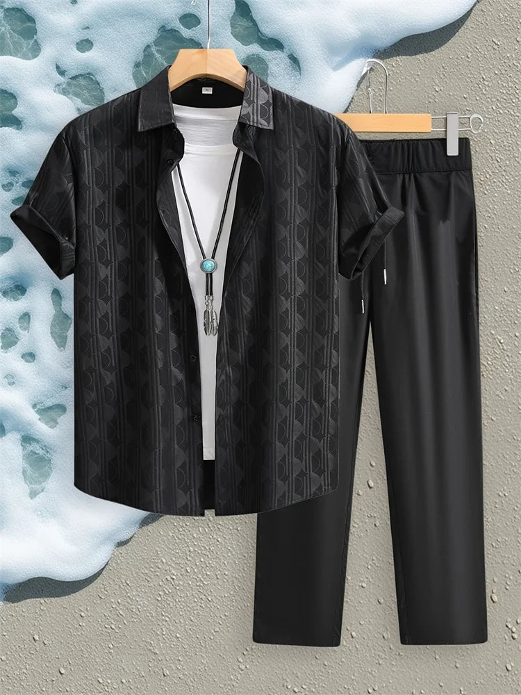 2025 Autumn Simple Solid-color Shirt 2 Pieces Long Pants Set, Urban Street Fashion Simple Men's Shirt And Long Pants Set