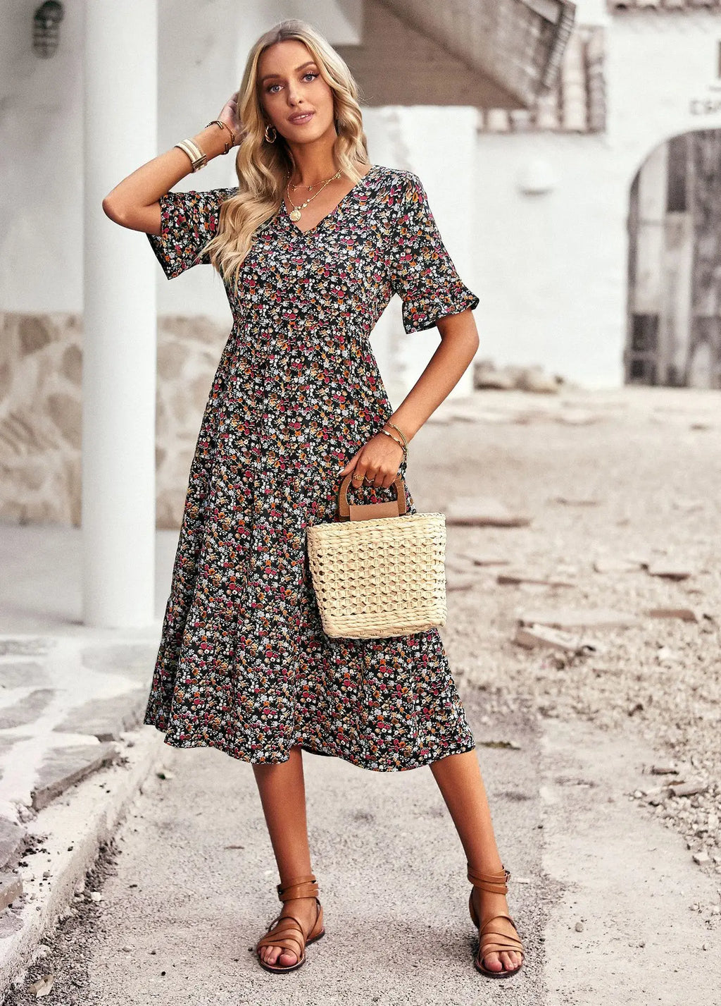 Msfilia Fashion V Neck Elegant Printed Dress Women Summer Short Sleeve High Waist A Line Floral Holiday Dresses