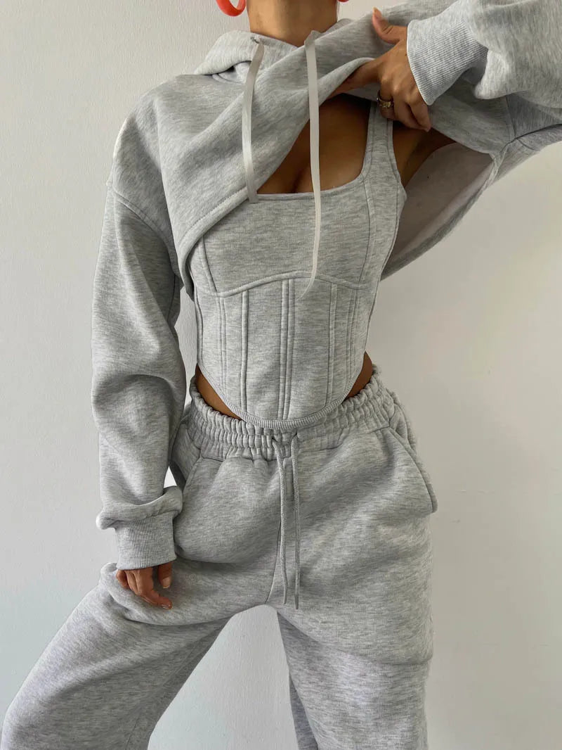 Women's Casual Sweatpants Set Belted Hooded Short Hoodie Corset Three-Piece Autumn Winter Comfortable Polyester Plus Size